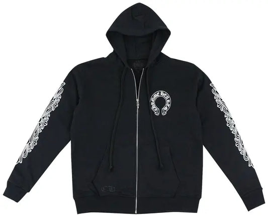 Horseshoe Floral Cross-Sleeve Zip Up Hoodie 'Black/White'